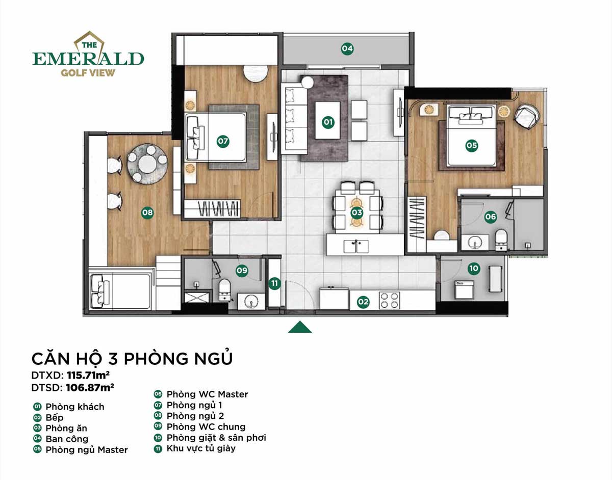 Thiết kế căn hộ 3 phòng ngủ dự án The Emerald Gofl View